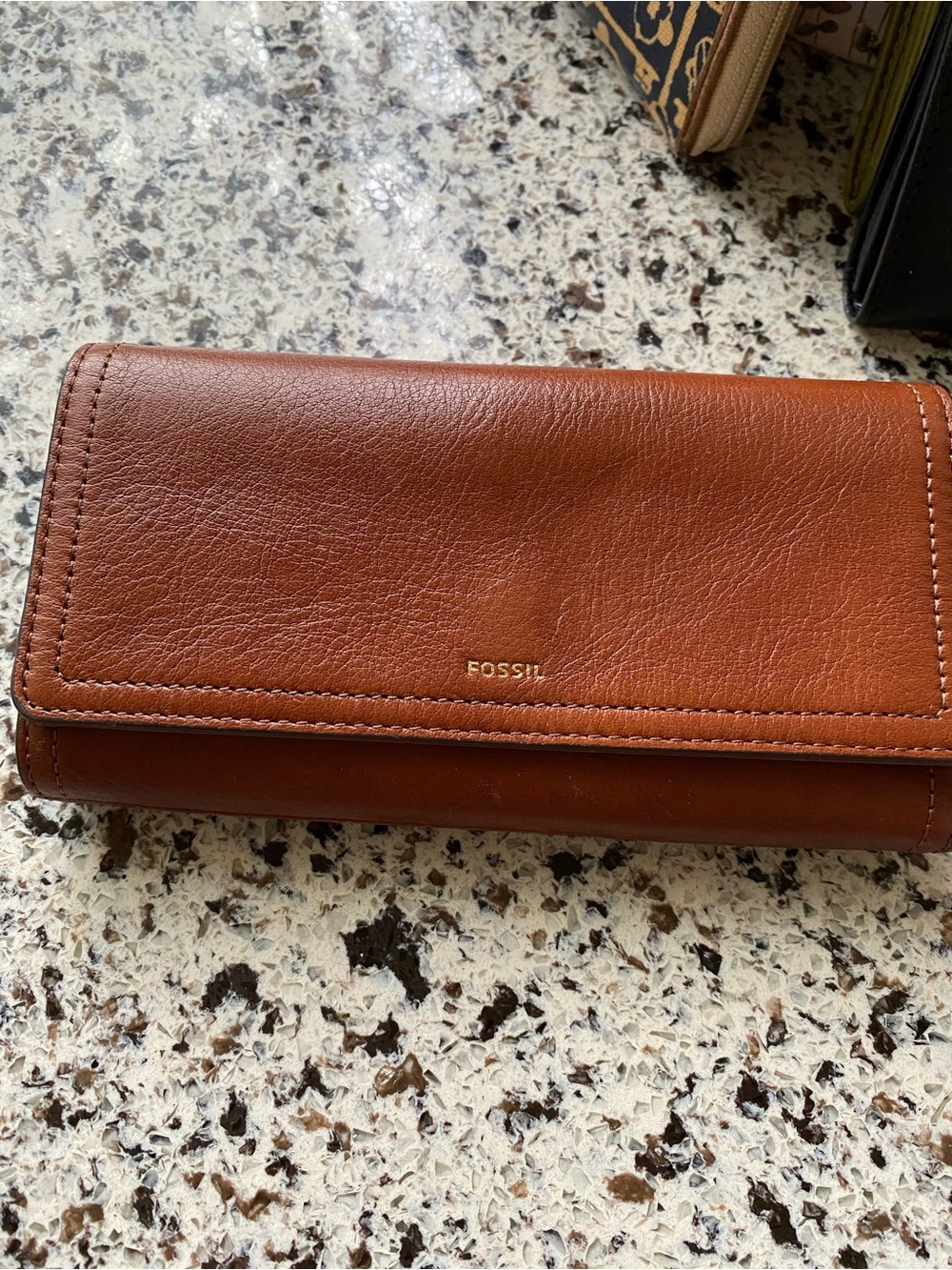 FOSSIL Logan Leather RFID Flap Clutch Wallet Cognac Medium Brown